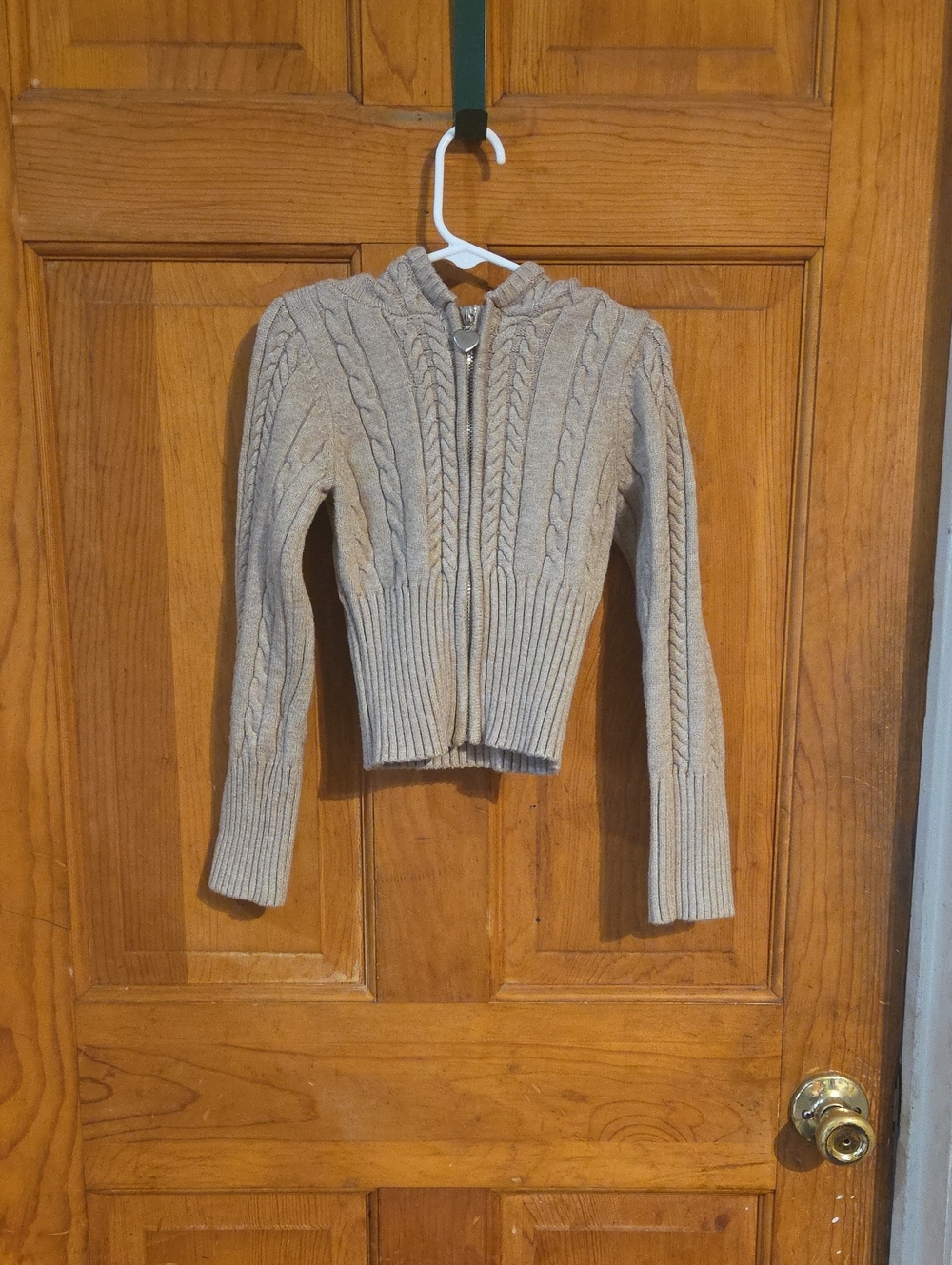 Girls' Cable Knit Zip Hoodie Sweater in Light Beige